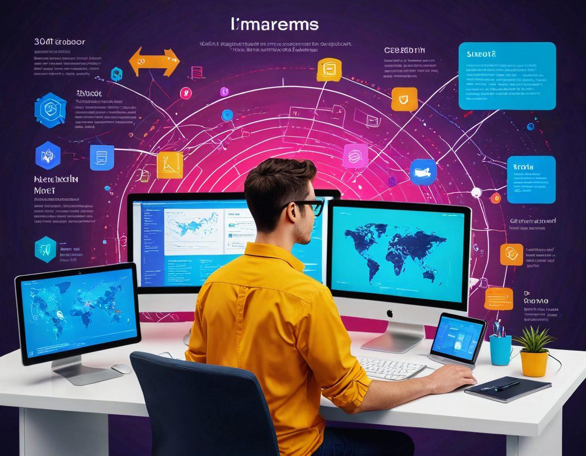 A dynamic and colorful infographic showcasing a web developer working with jsPlumb, surrounded by connected nodes and flows representing user experience design. Include icons of frontend elements like drag-and-drop features and data visualization. The background should have a modern tech workspace vibe with glowing screens and code snippets. Use vibrant colors and sleek lines to emphasize innovation and creativity. super-realistic. vibrant colors. 3D.